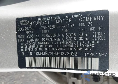 2006 Hyundai Tucson Gls/Limited из США, поврежденный, VIN KM8JN72D46U373022